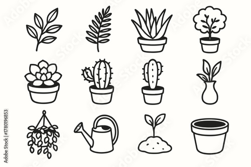 Collection sprout icon plants bonsai hanging vector plant leaf watering aloe pot