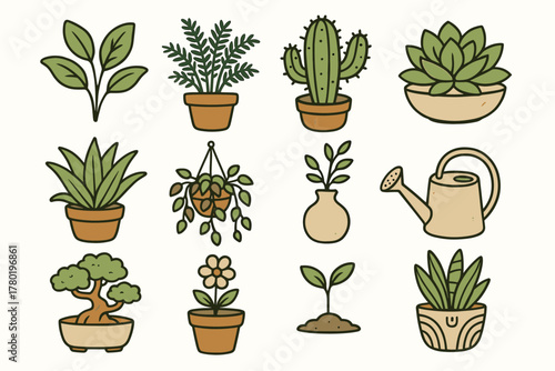 Watering collection potted greenery ceramic plant fern hanging vector pot icon