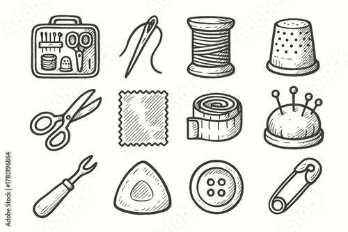 Kit sewing ripper safety essential icon spool tool needle piece vector measuring