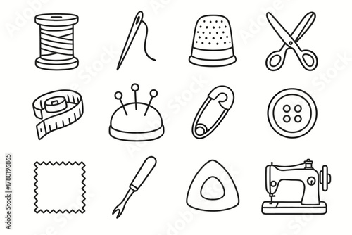 Machine safety button pin scissors icons icon sewing vector seam swatch tools
