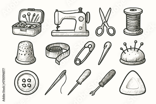 Thimble icon pincushion scissors needle sewing chalk tool pin machine thread icons