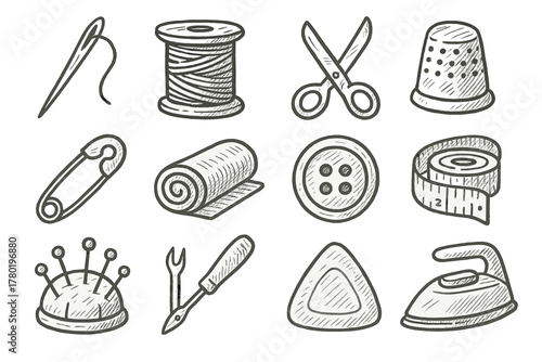 Sewing tools tape safety icons roll vector pin needle ripper icon chalk