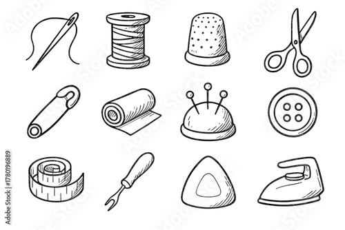 Tool icons icon supplies scissors button fabric thread seam pincushion measuring vector