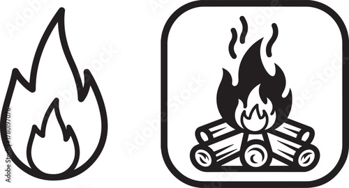 Monochrome Vector Icons of Fire Flame and Campfire with Logs