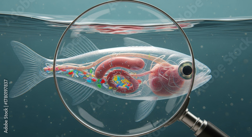 Transparent fish with visible organs under magnification revealing micro plastic pollution inside digestive tract and seascape context evoking concern