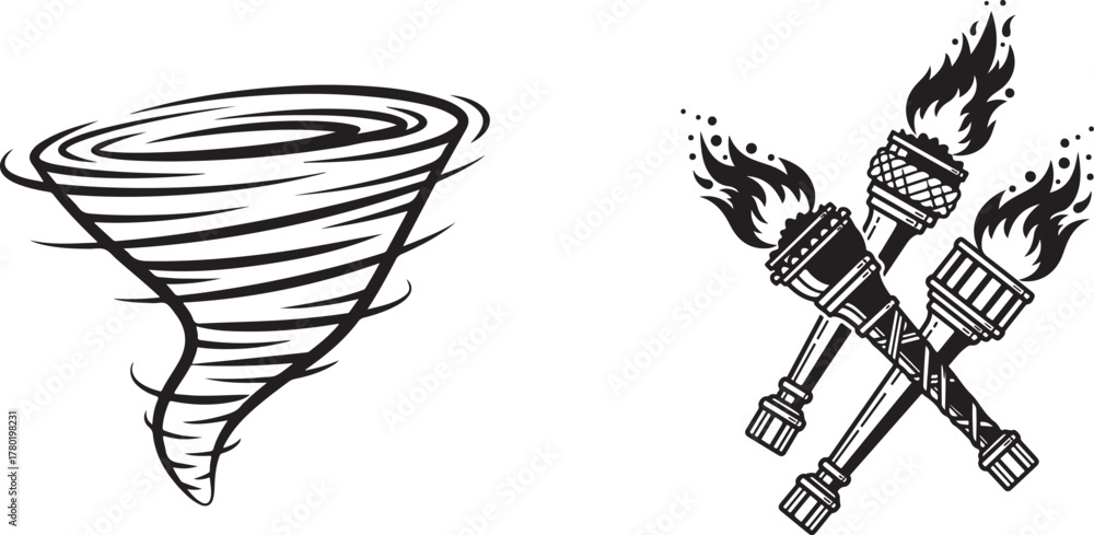 Fototapeta premium Simple Line Art Set: Stylized Tornado and Crossed Torches Icons