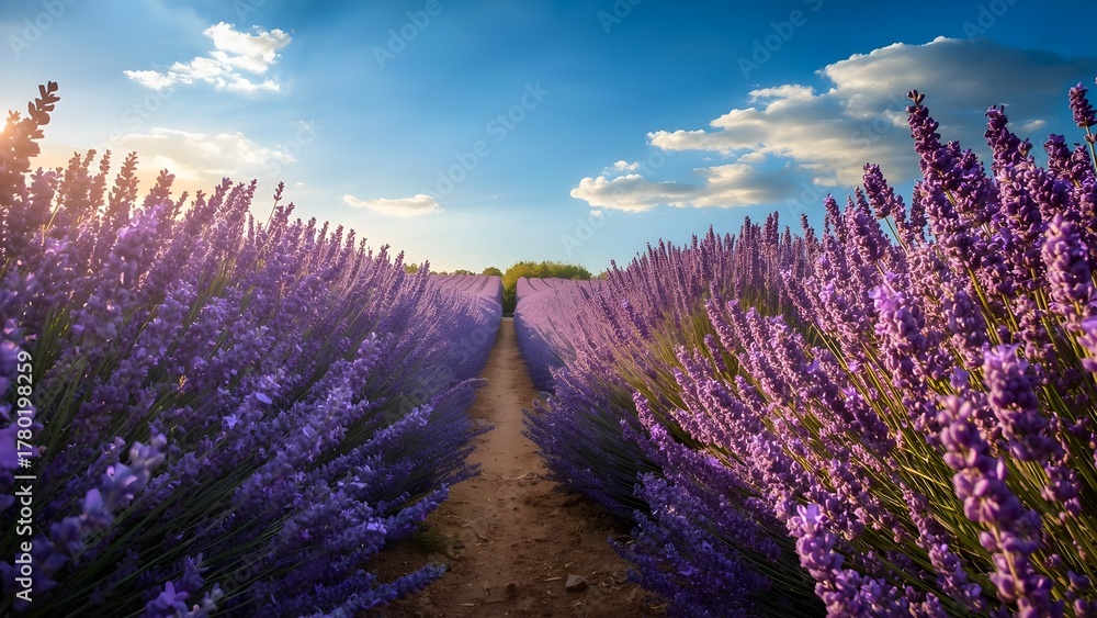 Obraz premium Beautiful lavender field with narrow path under bright blue sky, sunlight touching purple blooms, peaceful rural landscape, natural texture, realistic detail, perfect for nature and travel design.