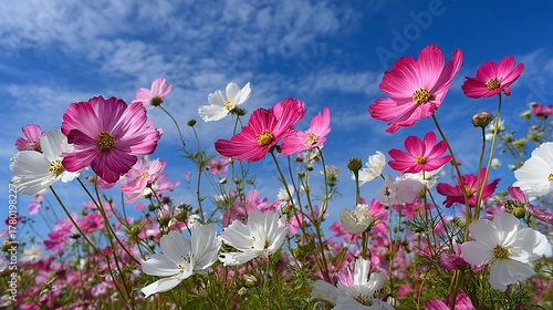 Pink and White Cosmos Flowers Blooming Under a Beautiful Blue Sky