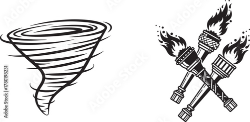 Simple Line Art Set: Stylized Tornado and Crossed Torches Icons