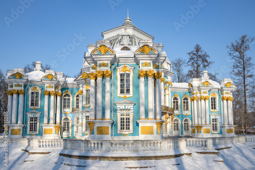 View of the ancient Hermitage pavilion on a winter morning. Tsarskoye Selo