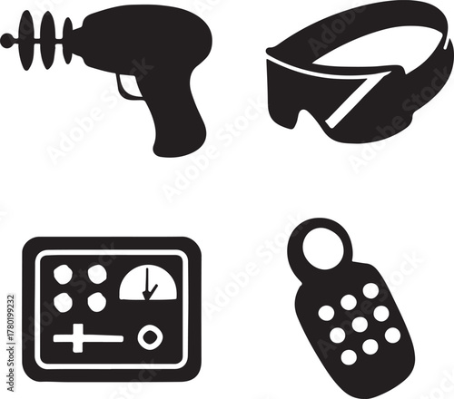 group of sci-fi gadget silhouettes in crisp black fill on a clean white background featuring a ray gun, visor, control panel, and a compact communicator.
