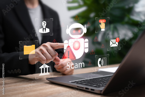 AI Cybersecurity, Financial Scam Detection Concept, Businesswoman Analyzing Fraudulent Activities, Online Scammer Identification,Data Protection,Phishing Email Alert,Internet Security,Financial Safety