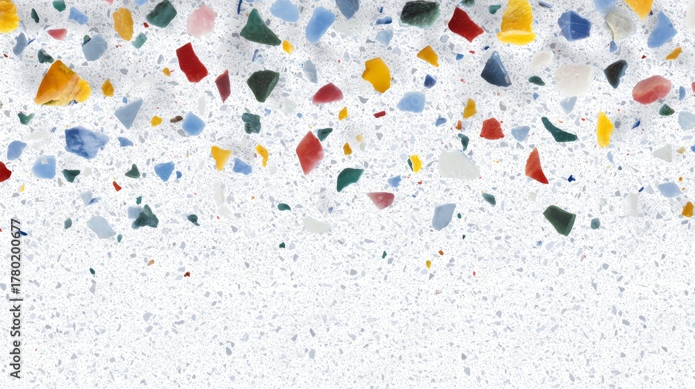 Fototapeta premium Vibrant colorful glass pieces scattered artistically on bright white background capturing beautiful light.