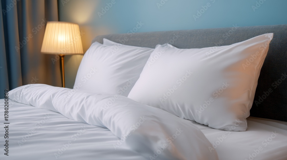 Obraz premium Comfortable bedroom setting with pristine white pillow and elegant bedside lamp illuminating modern home decor for peaceful sleep environment.