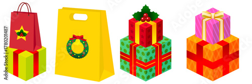 A cartoon illustration showcasing four gifts/shopping bags in a row. The first two are shopping bags and the second two are stacked gift boxes.