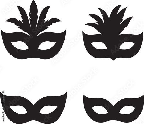 set of carnival mask silhouettes in bold black fill on a crisp white background.