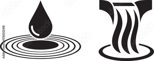 Minimalist Black Water Icons with Droplet, Ripples, and Waterfall