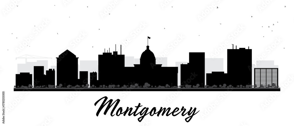 Obraz premium Montgomery Alabama USA city skyline silhouette with black buildings isolated on white. Illustration. Montgomery cityscape with landmarks. Tourism concept with modern architecture.