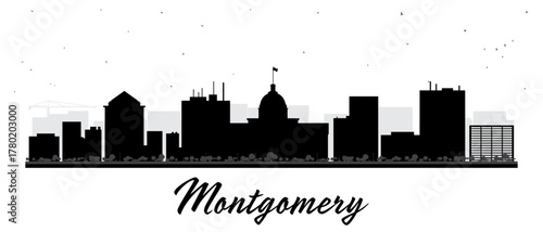 Montgomery Alabama USA city skyline silhouette with black buildings isolated on white. Illustration. Montgomery cityscape with landmarks. Tourism concept with modern architecture.