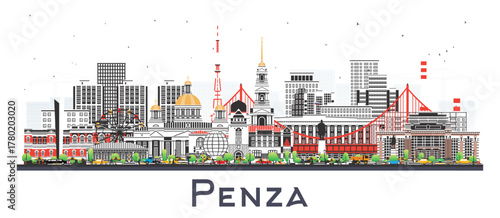 Penza Russia city skyline with color buildings isolated on white. Penza cityscape with landmarks. Business travel and tourism concept with modern and historic architecture.