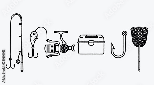 Fishing gear line art illustration on a white background design