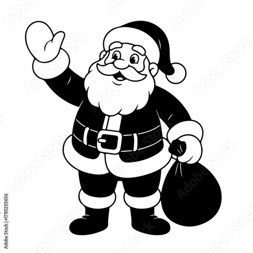 A cheerful santa claus illustration, isolated on white background, waving with a gloved hand and carrying a sack full of gifts, perfect for holiday greetings and festive designs