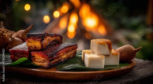 Fototapeta Naklejka Na Ścianę i Meble -  Crispy pork belly and sweet coconut dessert on rustic wooden platter for unforgettable Caribbean food adventure and authentic island cuisine