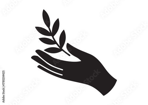 Olive branch in hand icon, Olive branch in hand solid vector