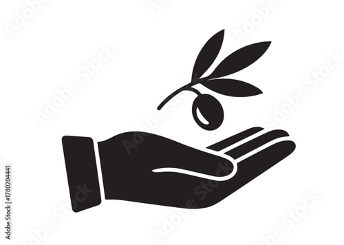 Olive branch in hand icon, Olive branch in hand solid vector