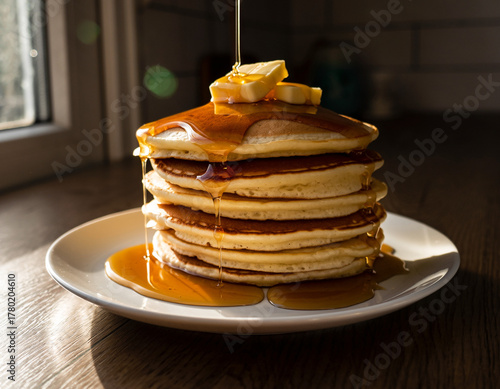 A delicious stack of fresh homemade pancakes with syrup and butter on a white plate for a sweet breakfast meal
