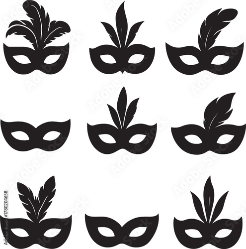 set of carnival mask silhouettes in bold black fill on a crisp white background.