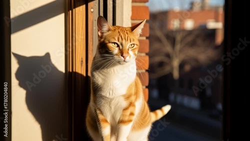 Orange cat basking in sunlight near window