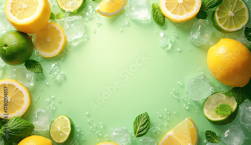 A vibrant and refreshing top-down composition of sliced lemons, limes, mint leaves, and ice cubes scattered over a glossy green surface covered with water droplets