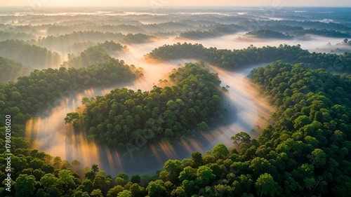 Sunrise over rainforest valley with sunbeams