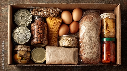A Cardboard Box Filled with Non Perishable Food Items for Donation or Emergency