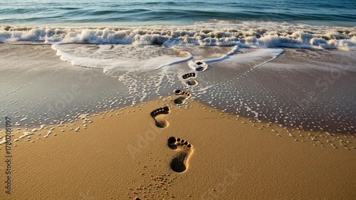Waves washing over footprints on sandy beach