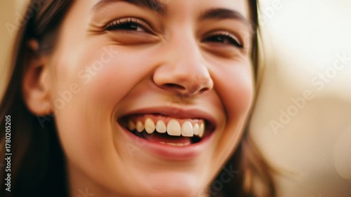 Woman laughing joyfully close up portrait