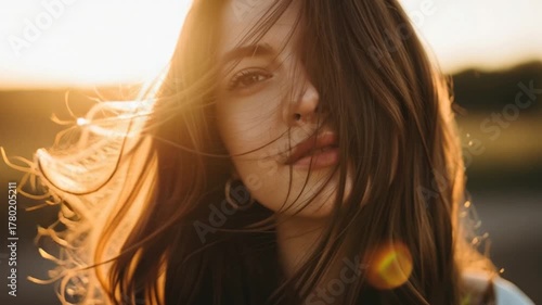 Woman's hair blowing in sunlight wind