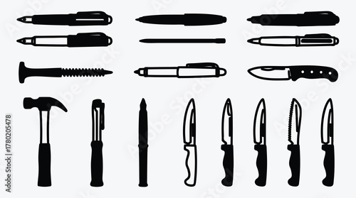 Hand Tools and Writing Instruments Black Silhouettes on a White Background