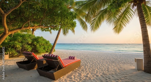 Fototapeta Naklejka Na Ścianę i Meble -  Tropical Dream Sun loungers on white sand beach paradise at sunrise.
