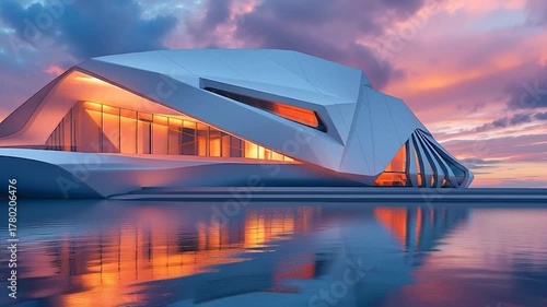 Futuristic Yacht House on Water at Sunset with Vibrant Sky.
