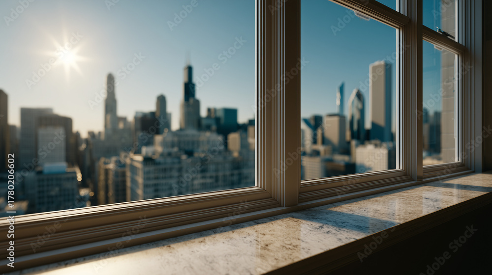 Obraz premium Cityscape through the Window: Gaze upon the expansive cityscape, framed by the sun-drenched window, a tableau of urban life and architectural marvels with skyscrapers under a clear blue sky.