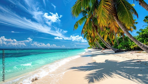 Tropical Beach Paradise With Palm Trees Turquoise Water And White Sand Under A Bright Blue Sky With Wispy Clouds