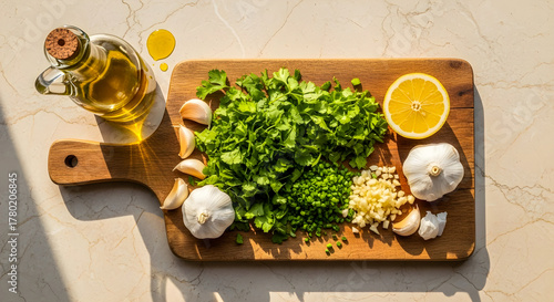 Cooking Ingredients Flat Lay with Olive Oil and Lemon
