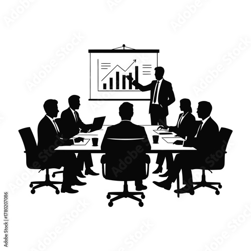 Business meeting presentation with silhouetted figures and chart