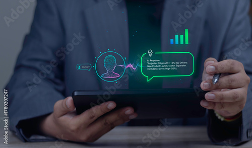 Businessman uses AI for business intelligence (BI) and predictive analytics. An AI assistant on a tablet provides a forecast for business growth.