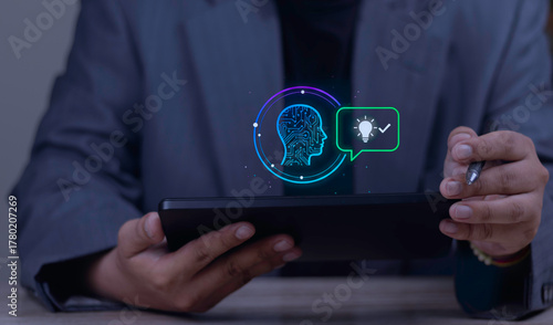 Businessman using AI on tablet for problem-solving. The AI generates a validated solution, showing an idea (lightbulb) and approval (checkmark).