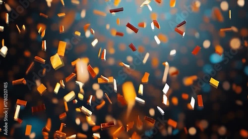 Golden Confetti Falling Against a Dark Background with Bokeh Lights.