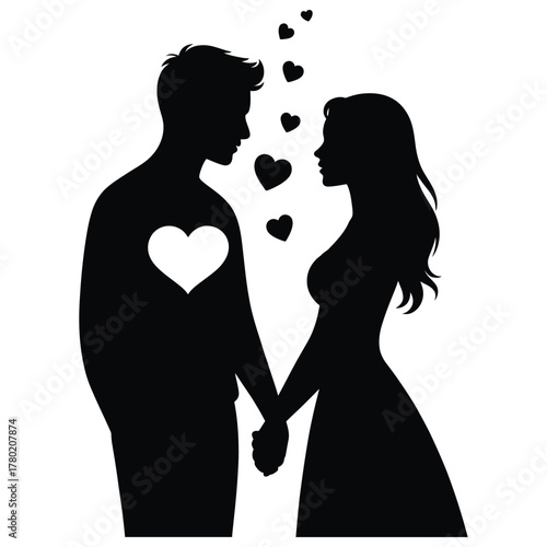 Silhouette of a loving couple holding hands with hearts above them