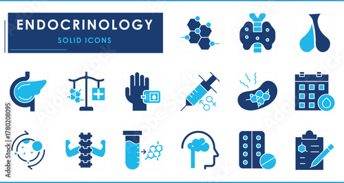 A set of Flat icons related to Endocrinology. Hormone, Thyroid Gland, Pancreas, hormonal balance, metabolism, sugar level, cortisol stress, bone health, and so on. Vector solid icons.